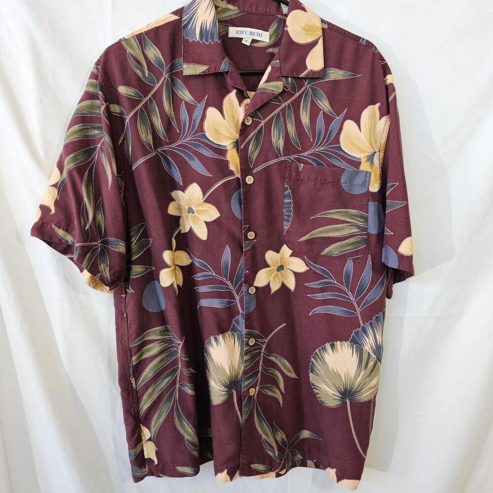 Joey Richi Floral Hawaiian Shirt Burgundy Maroon Camp Men's Size M